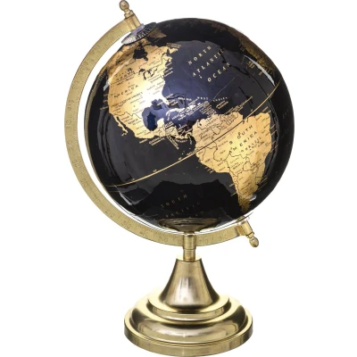 Afbeelding van Decoratie wereldbol/globe zwart/goud op metalen voet D20 x H33 cm Wereldbollen