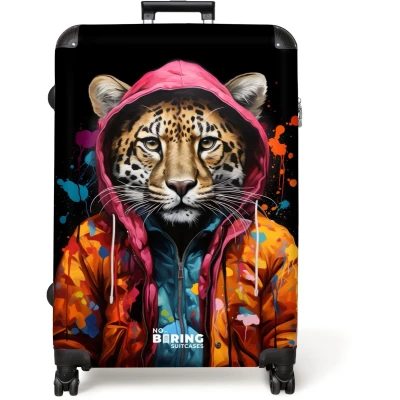 Afbeelding van NoBoringSuitcases.com® Koffer groot Reiskoffer lichtgewicht Luipaard met kleurrijke jas en verfspetters Rolkoffer 4 wielen Grote trolley XL 98 liter bagage