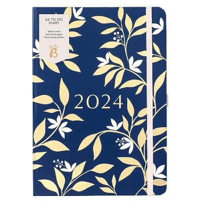 Afbeelding van Busy B A5 To Do dagboek van januari tot december 2024 marineblauw en gouden bloemen weekagenda met notities, scheurlijsten zakken