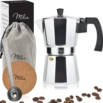 Afbeelding van Milu Espresso Maker (Niet Inductie) 2, 3, 6, 9 Bekers Aluminium Pot, Stovetop Moka Coffee Set inclusief onderzetter, lepel, borstel (Aluminium. 3 kopjes (150ml)