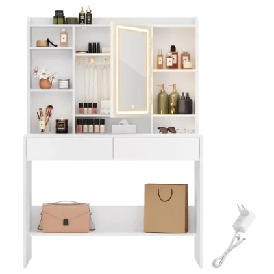 Afbeelding van VASAGLE kaptafel met LED verlichting, 3 kleuren instelbare lichtsterkte, spiegel voor make up, cosmeticatafel verstelbare planken, 2 laden, modern, wit RDT123T14