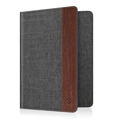 Afbeelding van FINTIE paspoorthouderbeschermer, RFID blokkerende stoffen paspoorthoes met documentportemonnee voor creditcard, Europees paspoort, visitekaartjes, heren en dames, Denim Charcoal/Brown