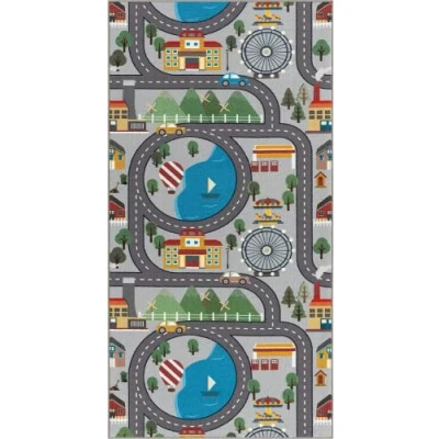 Afbeelding van the carpet Happy Life Kinderkamer, kindertapijt, speeltapijt, wasbaar, wegtapijt, wegen, stad, auto, Grijs, 100 x 200 cm