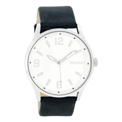 Afbeelding van OOZOO Timepieces Zilverkleurige horloge met donker blauwe leren band C7924