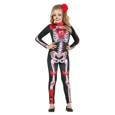 Afbeelding van Guirca Spaans &amp; Mexicaans Kostuum Vol Van Diamanten Skelet Meisje Rood, Zwart 10 12 jaar Halloween Verkleedkleding