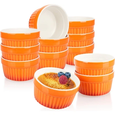 Afbeelding van ragoutvinkom ovenvaste vormpjes in rood en oranje creme brulee kom dessertkom met elk 185 ml