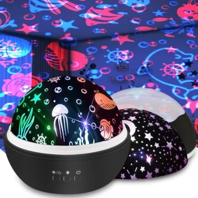 Afbeelding van Moredig baby projector licht, roterende 8 kleuren oceaangolf met sterren en onderzee thema‘s laat kinderen volwassenen rustig slapen zwart