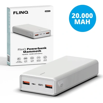 Afbeelding van FlinQ Powerbank 20.000 mAh Mammoth 3 Poorten USB/Micro USB/USB C Incl. Kabel Wit
