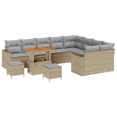 Afbeelding van vidaXL 12 delige Tuin Sofa Set met Kussens Beige Poly Rattan Acacia, 3 Eettafel Acacia