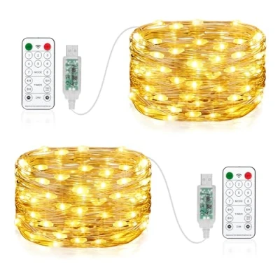 Afbeelding van Vacoulery 2 x 100 LEDs lichtketting USB, 10 m USB poort met afstandsbediening 8 programma&#039;s timer koperdraad binnen voor kamer, feest, bruiloft, Kerstmis