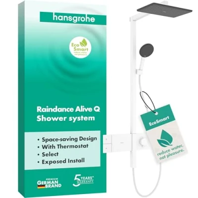 Afbeelding van hansgrohe Raindance Alive Q waterbesparend Douchesysteem (EcoSmart) met thermostaat, regendouche (340 x 210 mm) douchekraan, handdouche, doucheslang, glijstang en douchekop, mat wit, 24581700