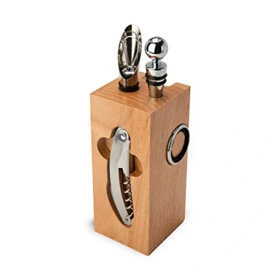 Afbeelding van ROMINOX Geschenkartikelen Wijnaccessoires // Beukenblok 7 delig, blok met sommeliermes, 2 druppelringen, wijnthermometer, flessensluiting, schenktuit; Afmetingen: ca. x 22 cm