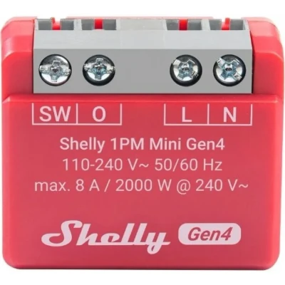 Afbeelding van Shelly 1PM Mini Gen4 Slimme Schakelaar met Energiemeting Wi Fi, Bluetooth, Zigbee, Matter 8A Compact Formaat Geschikt voor Domotica Rood