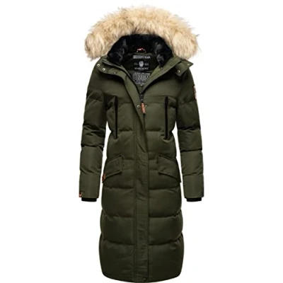 Afbeelding van MARIKOO Sneeuwsterntje Winterjas voor dames, warme gewatteerde jas, lang met afneembaar kunstbont en capuchon, XS XXL, olijf, XL