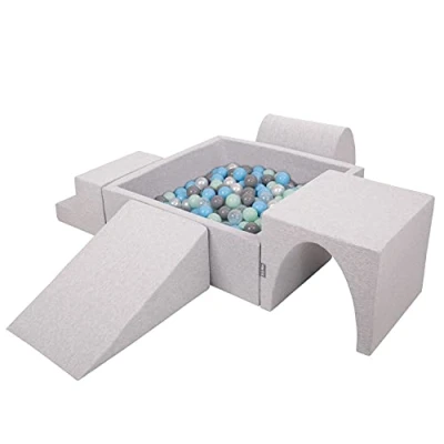 Afbeelding van KiddyMoon Speeltuin Met Vierkante Ballenbak (200 Ballen) Ballenbakken Voor Baby&#039;s Zwembad Hindernisbanen, Gemaakt In De EU, Licht Grijs:Parel/Grijs/Transparant/Babyblue/Munt