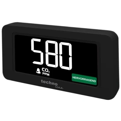 Afbeelding van Technoline WL122 Co2 meetapparaat met gekleurde weergave van het gehalte (rood, geel, groen), alarm, ventilatieadvies