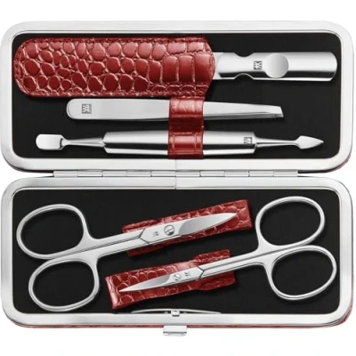 Afbeelding van ZWILLING Klassiek Inox Manicure 5 Delige Set met Lederen Croco Design Zaak, Rood