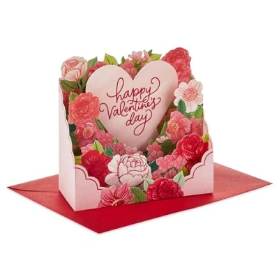 Afbeelding van Hallmark Mini Valentijnskaart, Valentijnsdag kaart, 3D &amp; Pop Up, roze hart, bloemen, rozen, rood, roze, wit