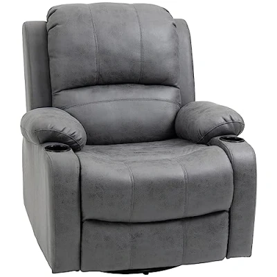 Afbeelding van HOMCOM relaxfauteuil, fauteuil met wipfunctie, ligfunctie, draaibare tv stoel, ligstoel bekerhouder, voor woonkamer, microvezeldoek, grijs