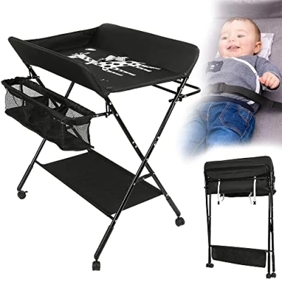Afbeelding van Babyverschoontafel, opvouwbare commode, mobiele commode met aankleedkussen, veiligheidsgordel en opbergvakken (A,74 * 63 92 98CM/zwart)