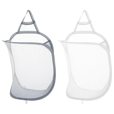 Afbeelding van TRKETK 2 stuks hangende wasmand, mesh opvouwbare kleine muur wasmanden pop up wasmand organizer vuile kleding tas draagbare wasbak voor thuis, hotel, reizen, kamperen (wit + grijs)