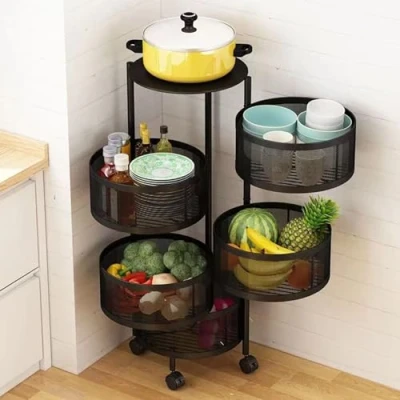 Afbeelding van HshDUti Roterend opbergrek voor keuken, fruit en groentemandkommen keuken met metalen bovendeksel, 5 laags cirkelvormige roterende mand, groot wielen, draadmand organizer, zwart