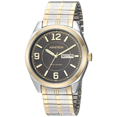 Afbeelding van Armitron Heren dag/datum gemakkelijk af te lezen metalen uitbreiding armband horloge, 20/4591, Twee Tone/Zwart, 39.5mm, 20/4591BKTT