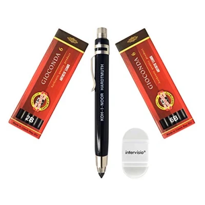 Afbeelding van Koh I Noor 5359 vulpotlood set 5,6 mm Moderne metalen inclusief vullingen 4865 (2B en 6B) plus intervisio potloodgum voor kantoor, schrijvers, kunstenaars