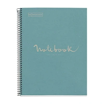 Afbeelding van Miquelrius gerecycled notitieboek, A4, 80 vellen, g/m², geruit 5 x mm, papier (na de consument), 1 gekleurde strip, 4 gaten, gerecyclede omslag, eco groen
