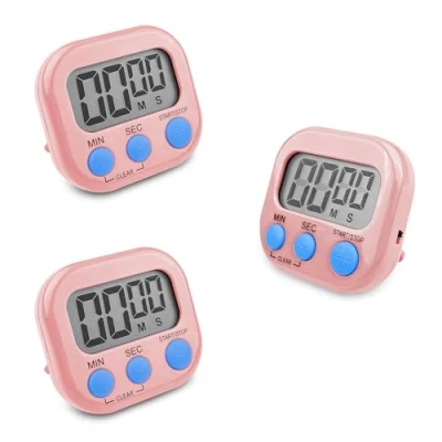 Afbeelding van Fousenuk 3 stuks digitale keukentimers, roze, stopwatch met groot lcd display, timer sterk alarm, timer, magnetische achterkant, voor studie, werk in de keuken