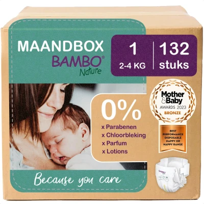 Afbeelding van BAMBO Nature Luiers Maat 1 (2 4 kg) 132 stuks Maandbox 0% onnodige toevoegingen Ideaal voor de gevoelige huid Nordic Swan Ecolabel