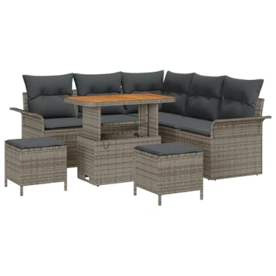 Afbeelding van vidaXL 8 Delige Tuin Sofa Set met Kussens Grijze Poly Riet Acacia