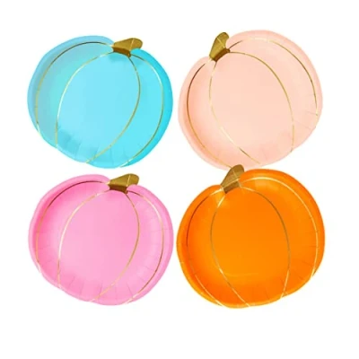 Afbeelding van Talking Tables Set van 8 Halloween borden, pompoenvormige oranje, blauwe en roze wegwerpservies voor feest, herfst, Thanksgiving, HALLOWPLATE