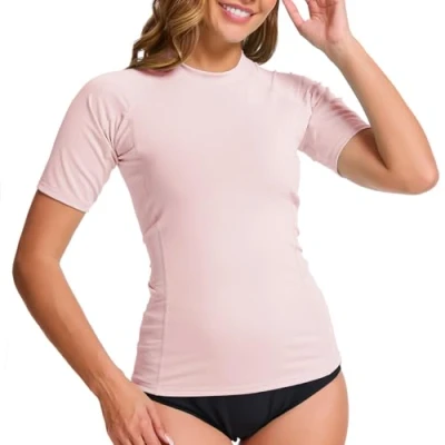 Afbeelding van MEETWEE Damesshirts korte mouwen, atletisch, casual, sneldrogend, UPF 50+, uv bescherming, hardlopen, zwemmen, surfen, training, yoga, zonne T shirt, Rashguards, Roze Naakt, L