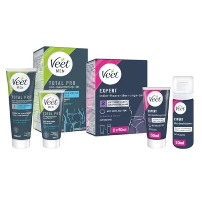 Afbeelding van Veet Expert/Men intieme haarverwijderingsset voor hem en haar ontharingscrème de zone incl. multi benefit schuim 2 x 50 ml &amp; mannen 100 tube verzorgende balsem