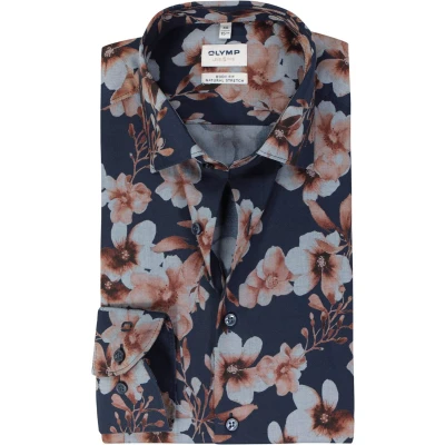 Afbeelding van OLYMP Level 5 body fit overhemd dobby marine blauw dessin Strijkvriendelijk Boordmaat: 40