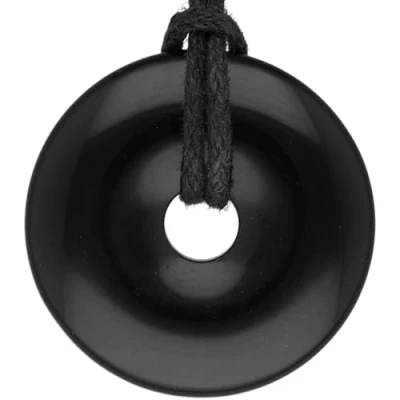 Afbeelding van Lebensquelle Plus Zwarte obsidiaan donut Ø 30 mm + katoenen band edelsteen hanger echte helende stenen ketting incl. hoogwaardige band,