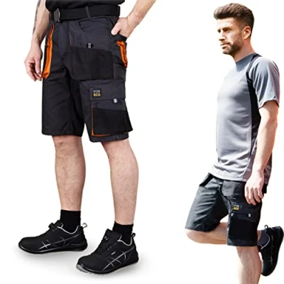 Afbeelding van REIS FORECO TS Werkshorts Heren, Cargo Shorts, Veiligheidsshorts, Werkkleding, Tuinbroek, Staal Zwart Oranje, Maat: XL