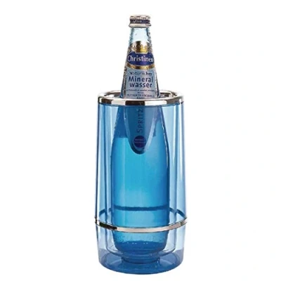 Afbeelding van APS flessenkoeler met chromen rand, transparant, dubbelwandige drankflessenkoeler, 11,5 x cm, hoogte 23 blauw