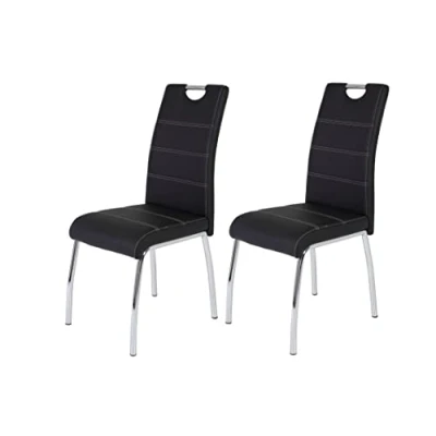 Afbeelding van Set van 2 eetkamerstoelen Susi, bekleding kunstleer zwart, verzonken handvat, metalen frame chroom, 43 x 61 98 cm