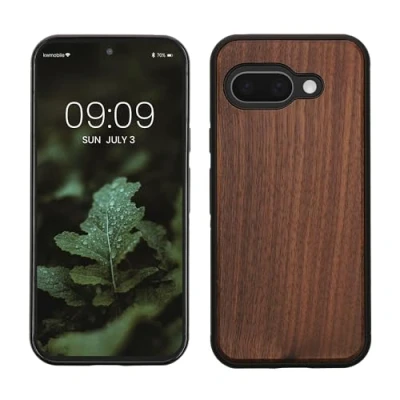 Afbeelding van kwmobile telefoonhoesje geschikt voor Google Pixel 9a Hoesje met bumper in donkerbruin Backcover walnoothout