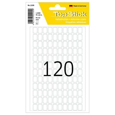 Afbeelding van TopStick 2200 huishou etiketten mini (8 x 12 mm, 15 velles, papier, mat) zelfklevend, permanente klevende multifunctionele voor handschrift, 1.800 etiketten, wit