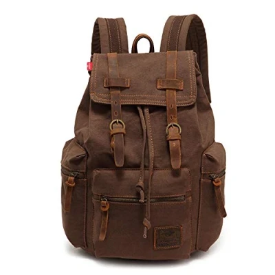 Afbeelding van koolehaoda® vintage canvas lederen rugzak unisex casual college tas wandeltas 17 inch laptop zakelijke rugzak, (koffie)