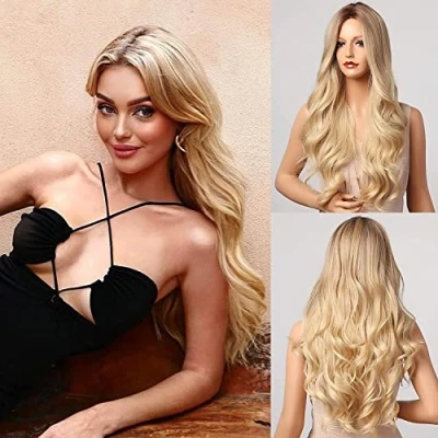 Afbeelding van Honygebia Blonde Midden Deel Pruik Lange Golvende Ombre Blond Pruiken met Donkere Wortels voor Vrouwen, Synthetisch Hittebestendig Haar, Natuurlijk Uitziende Halloween/Kerstmis/Cosplay