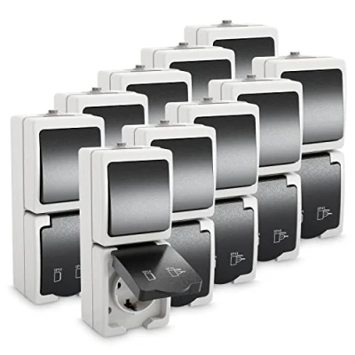 Afbeelding van ABSINA Combinatie stopcontact en opbouwschakelaar IP44 10 x voor vochtige ruimtes veiligheidsschakelaar 250 V 16 A