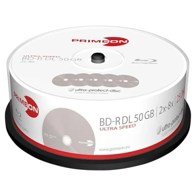 Afbeelding van Primeon BD R DL 50GB/2 8x cakebox (25 disc) Ultra Protect Disc zilver