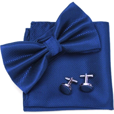 Afbeelding van Vlinderstrik inclusief pochette en manchetknopen Middenblauw vlinderdas strik strikje pochet heren