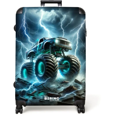 Afbeelding van NoBoringSuitcases.com® Koffer groot Reiskoffer lichtgewicht Grote monstertruck met blauwe accenten Rolkoffer 4 wielen trolley XL 98 liter bagage