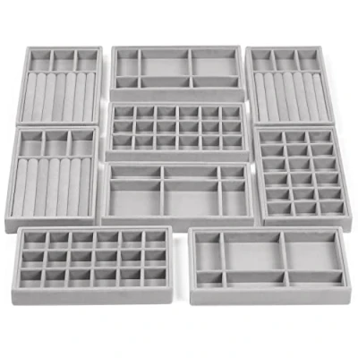 Afbeelding van Belle Vous 9 Pak Grijs Velours Stapelbare Sieraden Organizer Opslag Rekken 12,3 x 21 cm Kastlade Display Dozen voor Ringen, Armbanden &amp; Oorbellen
