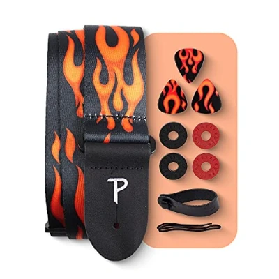 Afbeelding van Perri&#039;s Leathers Ltd. Set Polyester Gitaarband Vlam BONUS 3 Medium Plectrums 0,71mm 1 Lederen Akoestische Adapter 4 Riem &amp; Sluitingen (LPCP 702 PKG)